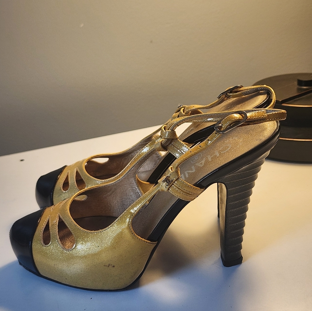 Authentic Chanel Gold Black Patent Leather Glitter Platform Slingback Shoes 38